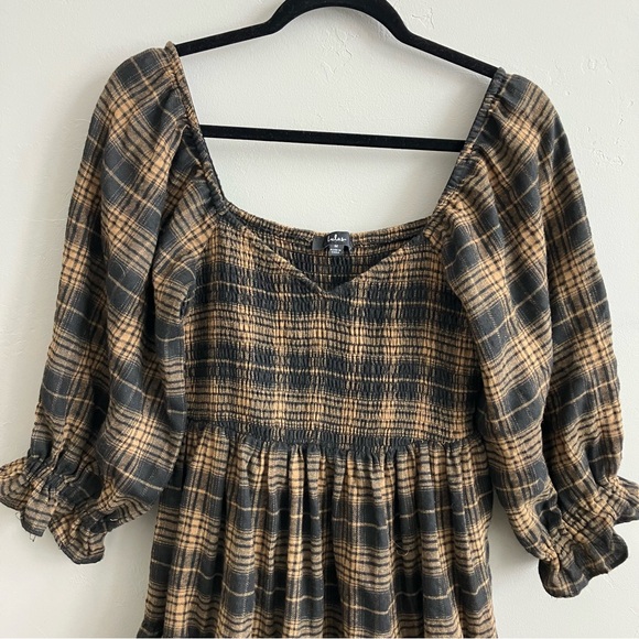 Lulus No One Cuter Black and tan plaid tiered mini dress puffed sleeves size m - Picture 7 of 9